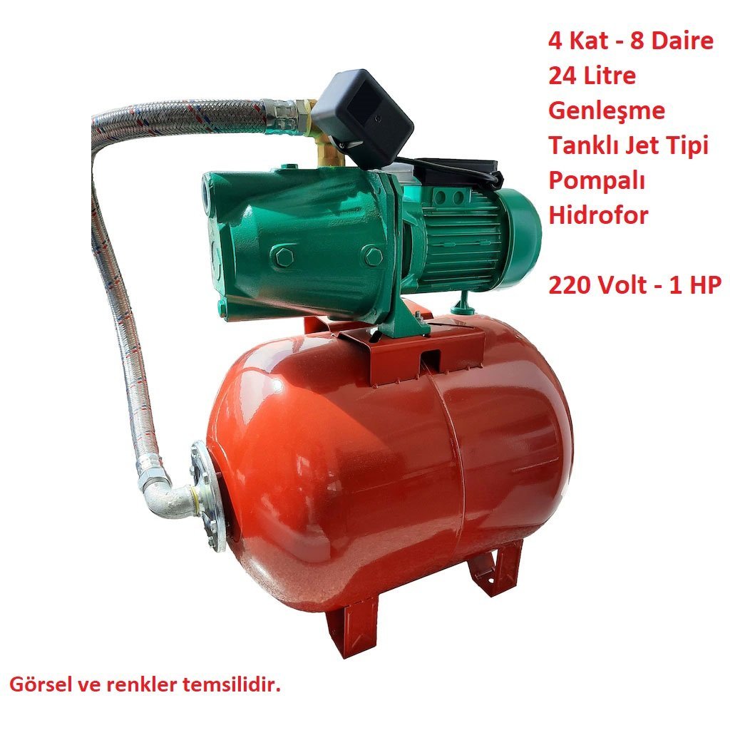 4 Kat - 8 Daire Kapasiteli 24 Litre Yatay Genleşme Tanklı Hidrofor 220 Volt 1 HP Jet Tipi Pompalı